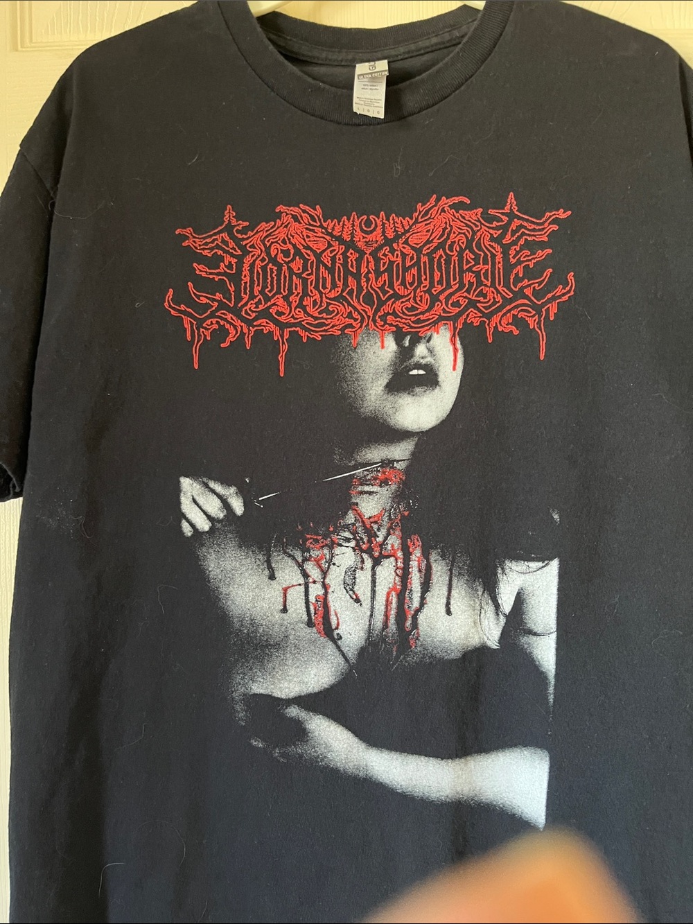 Lorna Shore Black Graphic Band Tee with Red & White Gore Print